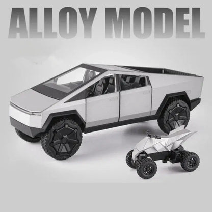Tesla Cybertruck 1:24 – Metalowy Model Pickup Off-road z Efektami Dźwiękowymi i Świetlnymi - Srebrny z pudełkiem