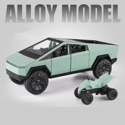 Tesla Cybertruck 1:24 – Metalowy Model Pickup Off-road z Efektami Dźwiękowymi i Świetlnymi - Zielony z pudełkiem