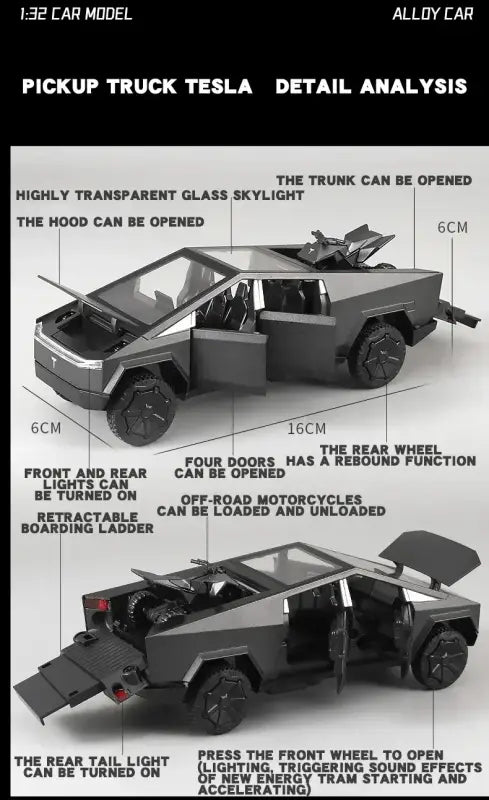 Tesla Cybertruck 1:32 – Metalowy Model Pickup Off-road z Efektami