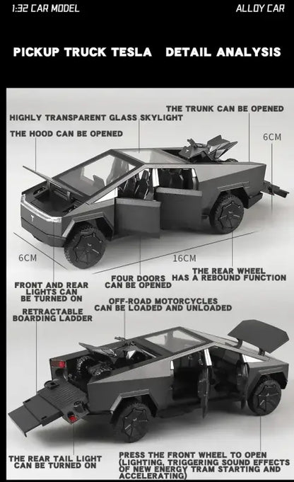 Tesla Cybertruck 1:32 – Metalowy Model Pickup Off-road z Efektami