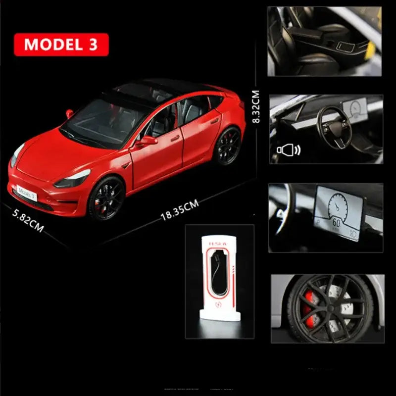 Tesla Model 3 1:24 – Metalowy Model z Dźwiękiem i Światłem - Czerwony