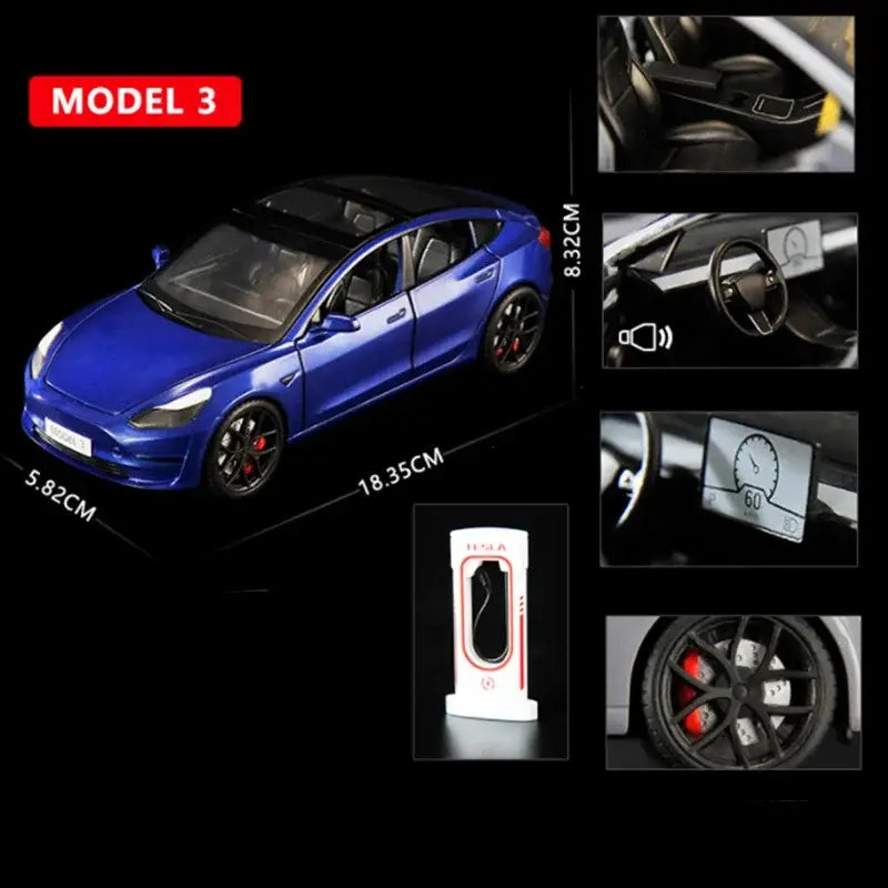 Tesla Model 3 / Model Y 1:24 – Metalowy Model Samochodu z Efektami Dźwiękowymi i Świetlnymi - Model 3 niebieski
