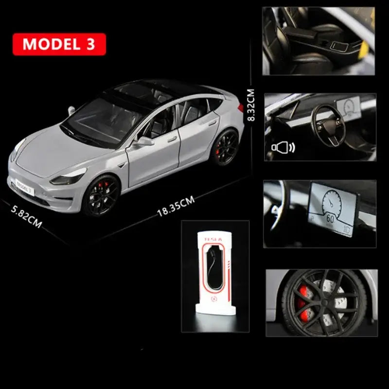 Tesla Model 3 / Model Y 1:24 – Metalowy Model Samochodu z Efektami Dźwiękowymi i Świetlnymi - Model 3 szary bez pudełka