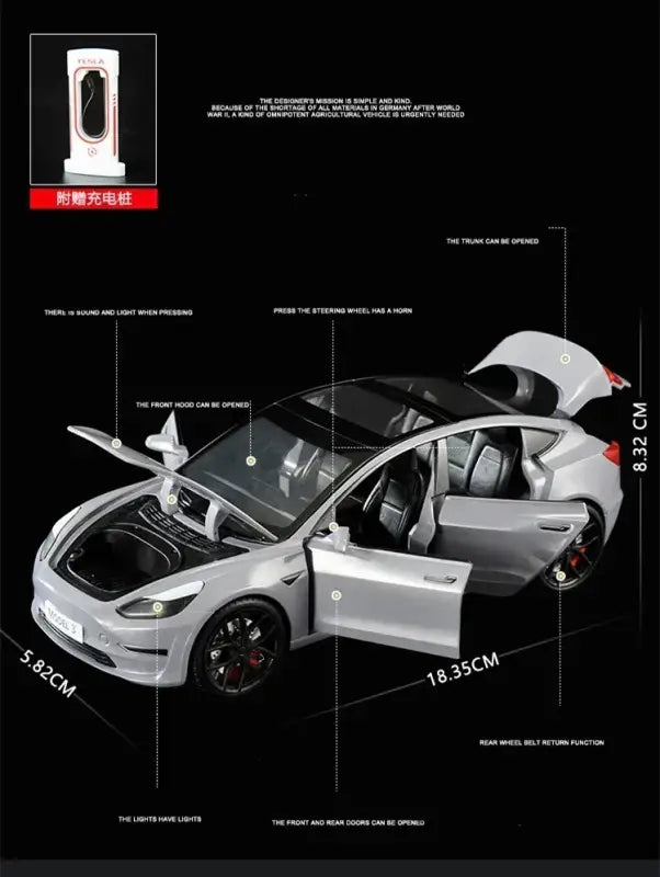 Tesla Model 3 / Model Y 1:24 – Metalowy Model Samochodu z Efektami Dźwiękowymi i Świetlnymi
