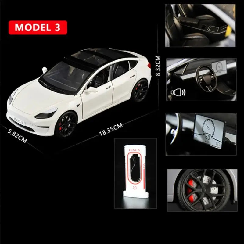 Tesla Model 3 / Model Y 1:24 – Metalowy Model Samochodu z Efektami Dźwiękowymi i Świetlnymi - Model 3 biały bez pudełka