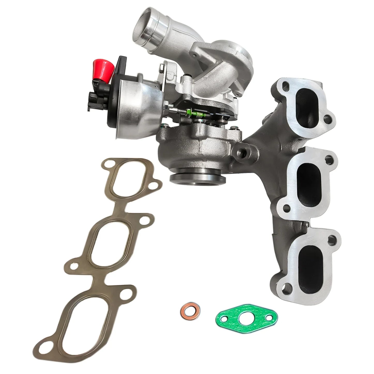 Srebrna turbosprężarka ap01 z czerwoną i czarną zaworem do seat ibiza 55kw 75ps 1.4 tdi z uszczelkami