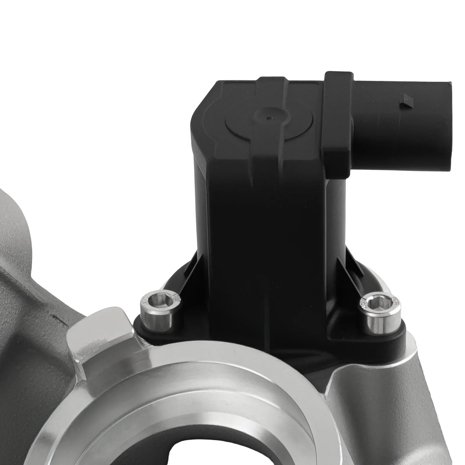 Czarna obudowa turbosprężarki z metalową srebrną flanszą montażową i cylindrycznym złączem 06k145874m tfsi quattro golf gti
