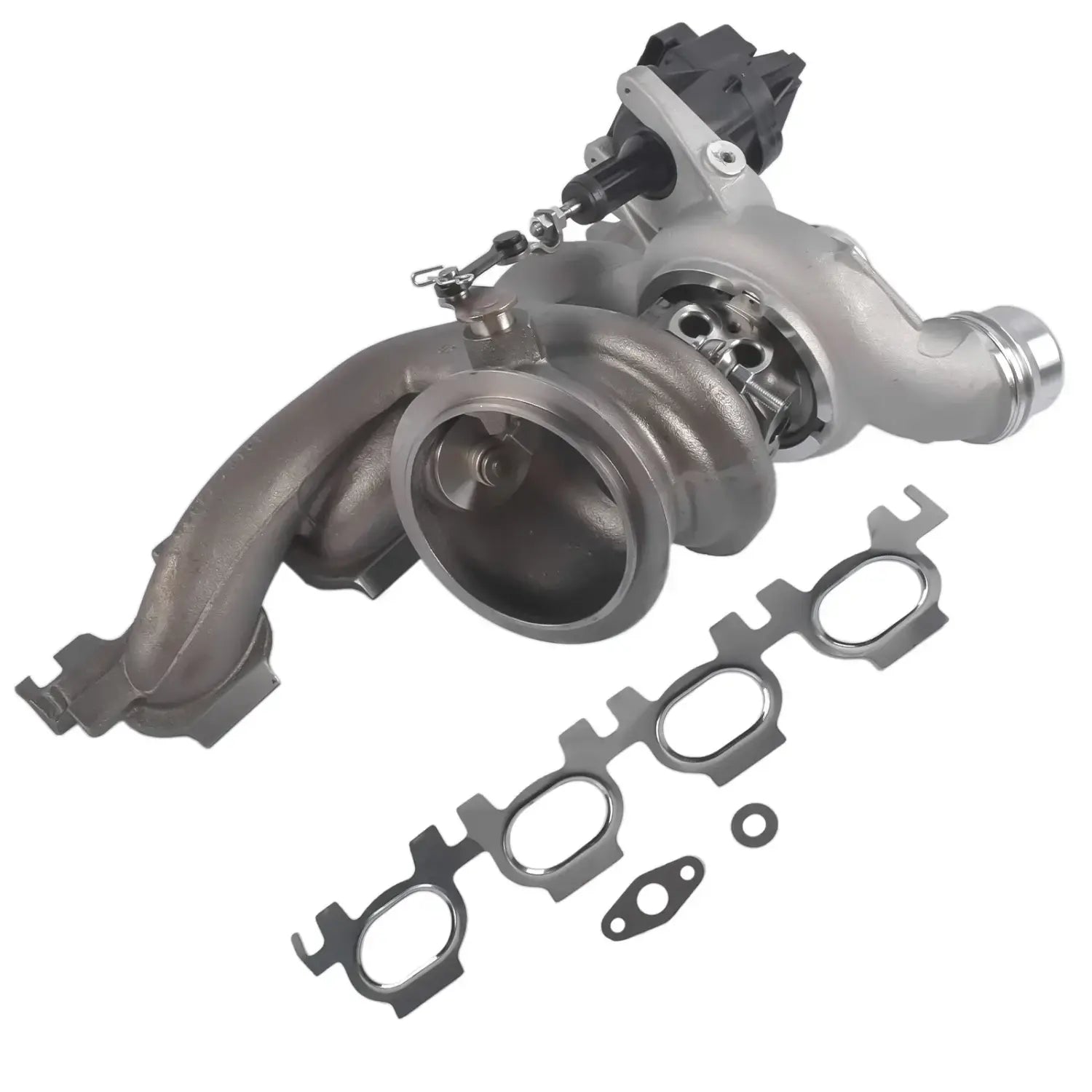 Szary metaliczny turbocharger z czarnymi plastikowymi elementami i uszczelkami do saloon bmw 2.0l