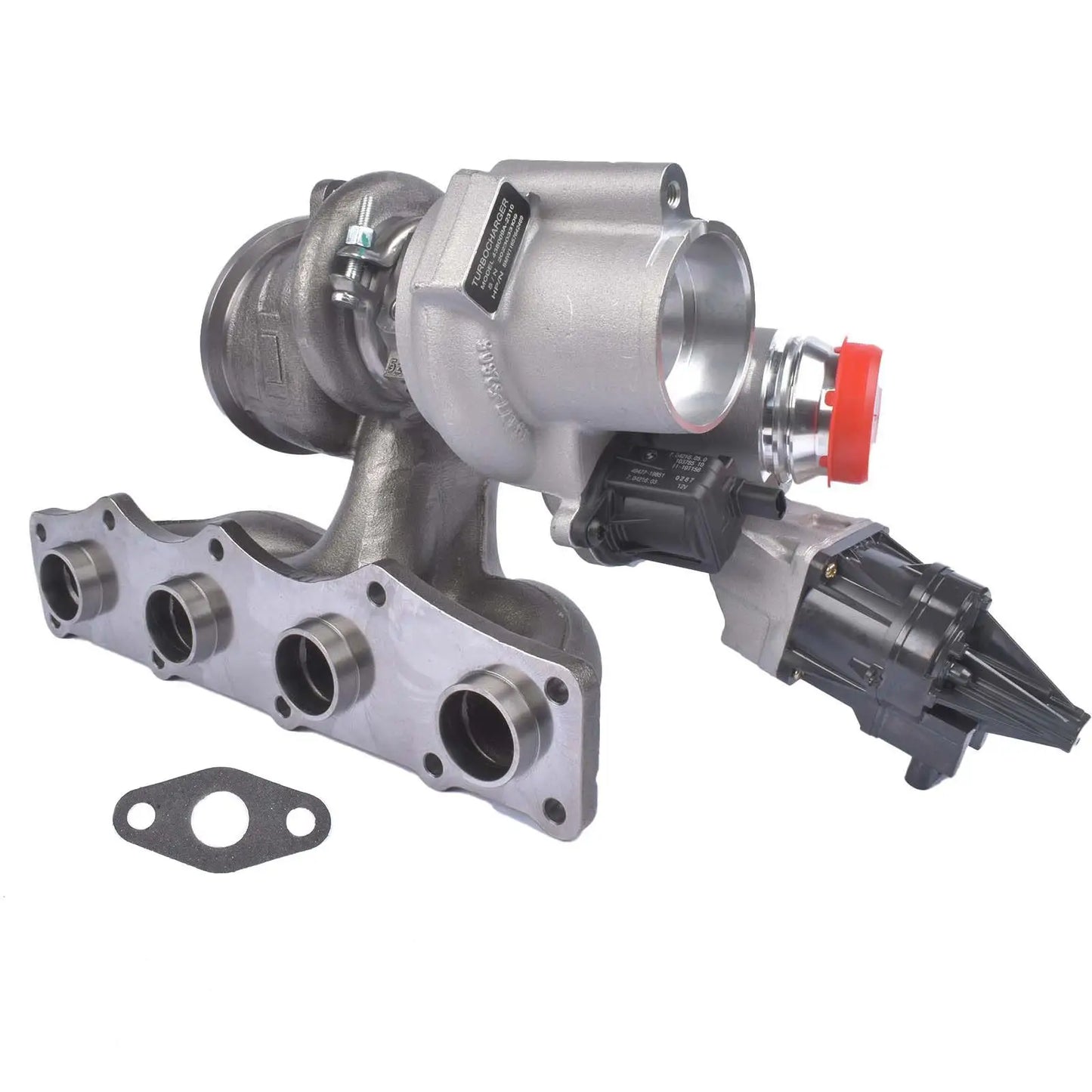 Metaliczny srebrny turbocharger ap03 z czerwonym korkiem i czarnymi elementami do bmw 320i 328i 420i