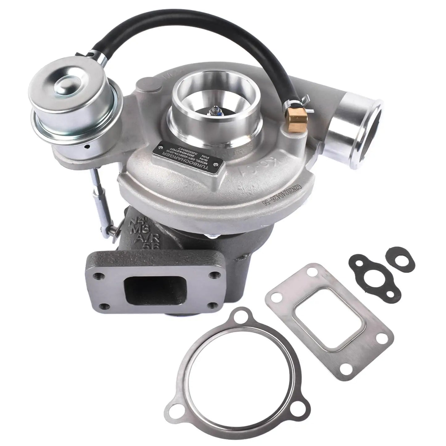 Srebrny metaliczny turbocharger z czarnymi wężami i mosiężnymi złączkami do jcb backhoe loader ap01 turbo charger