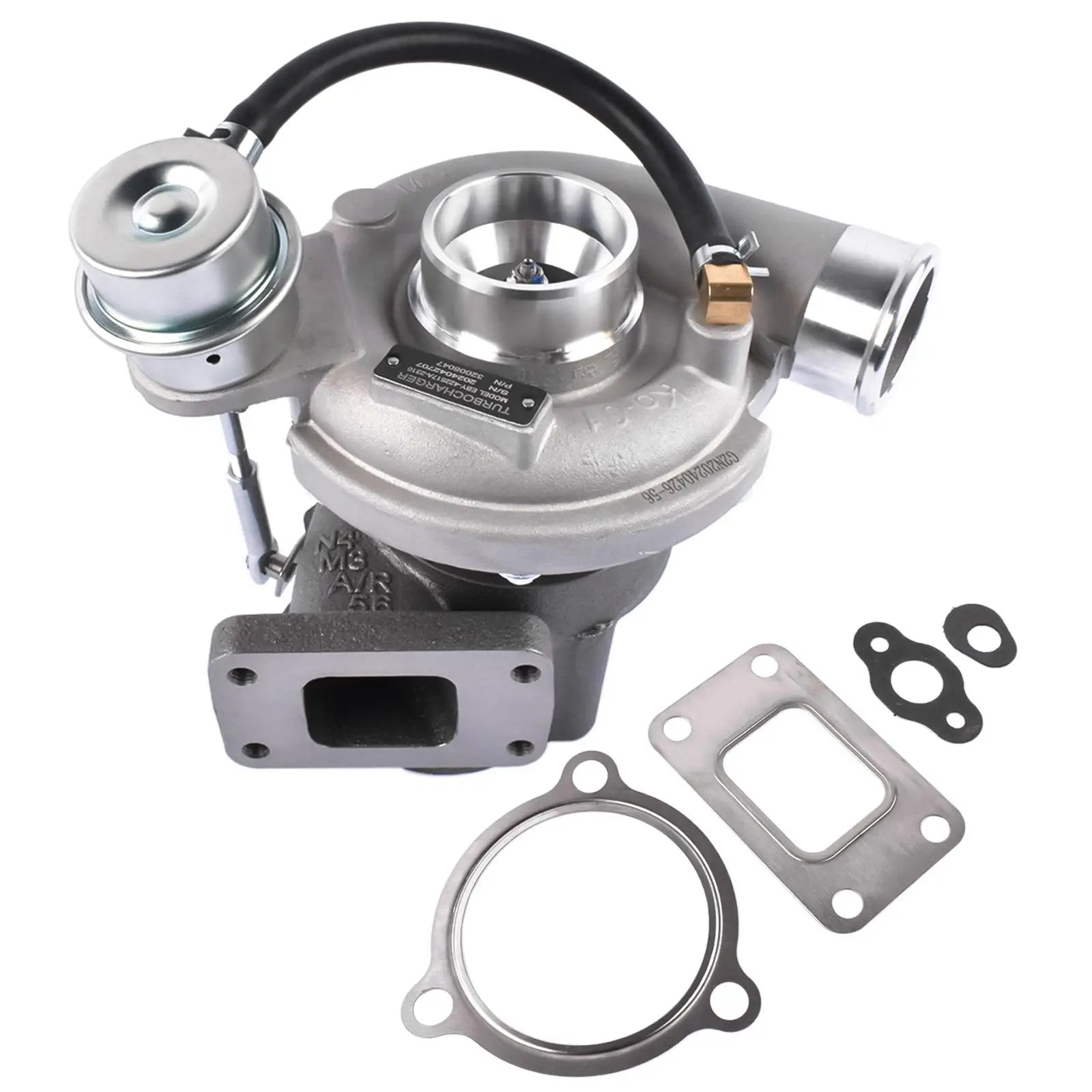 Srebrny metaliczny turbocharger z czarnymi wężami i mosiężnymi złączkami do jcb backhoe loader ap01 turbo charger