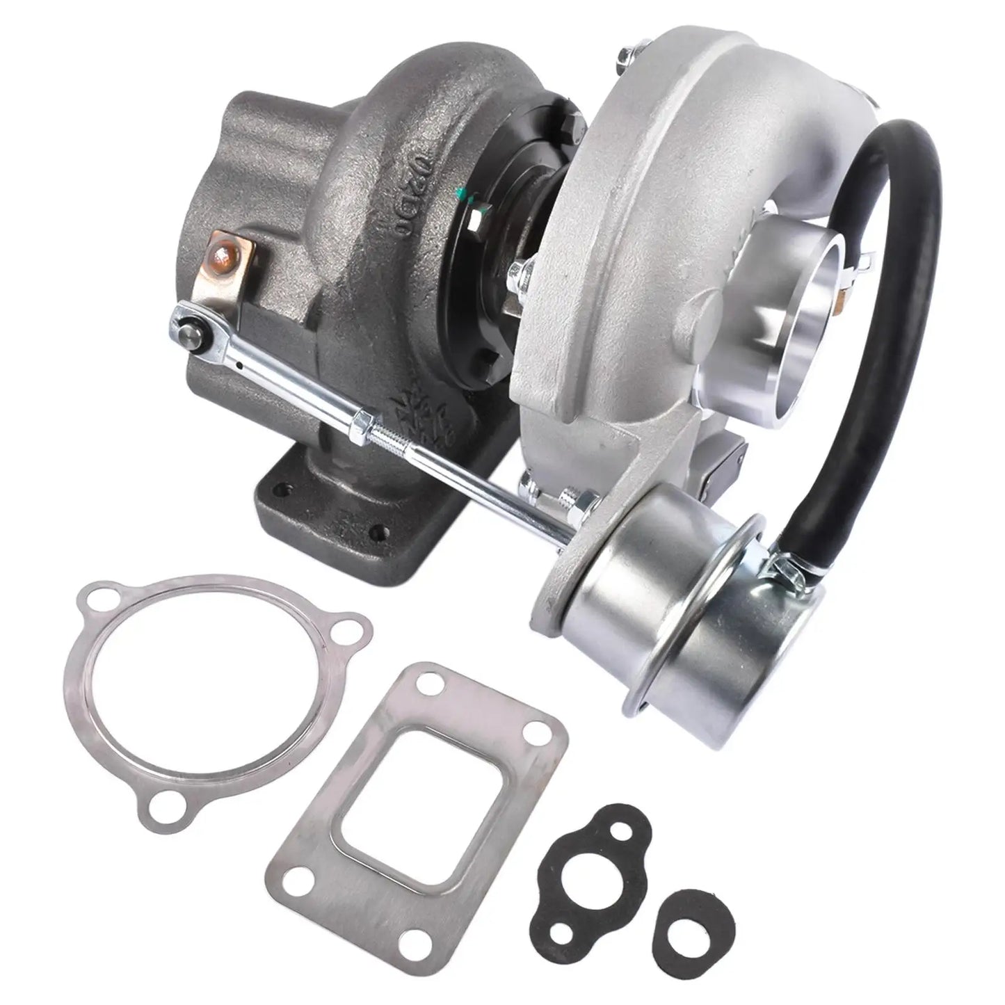 Srebrny metaliczny turboładowarka z czarnym gumowym wężem i uszczelkami do jcb backhoe loader ap01 turbo charger