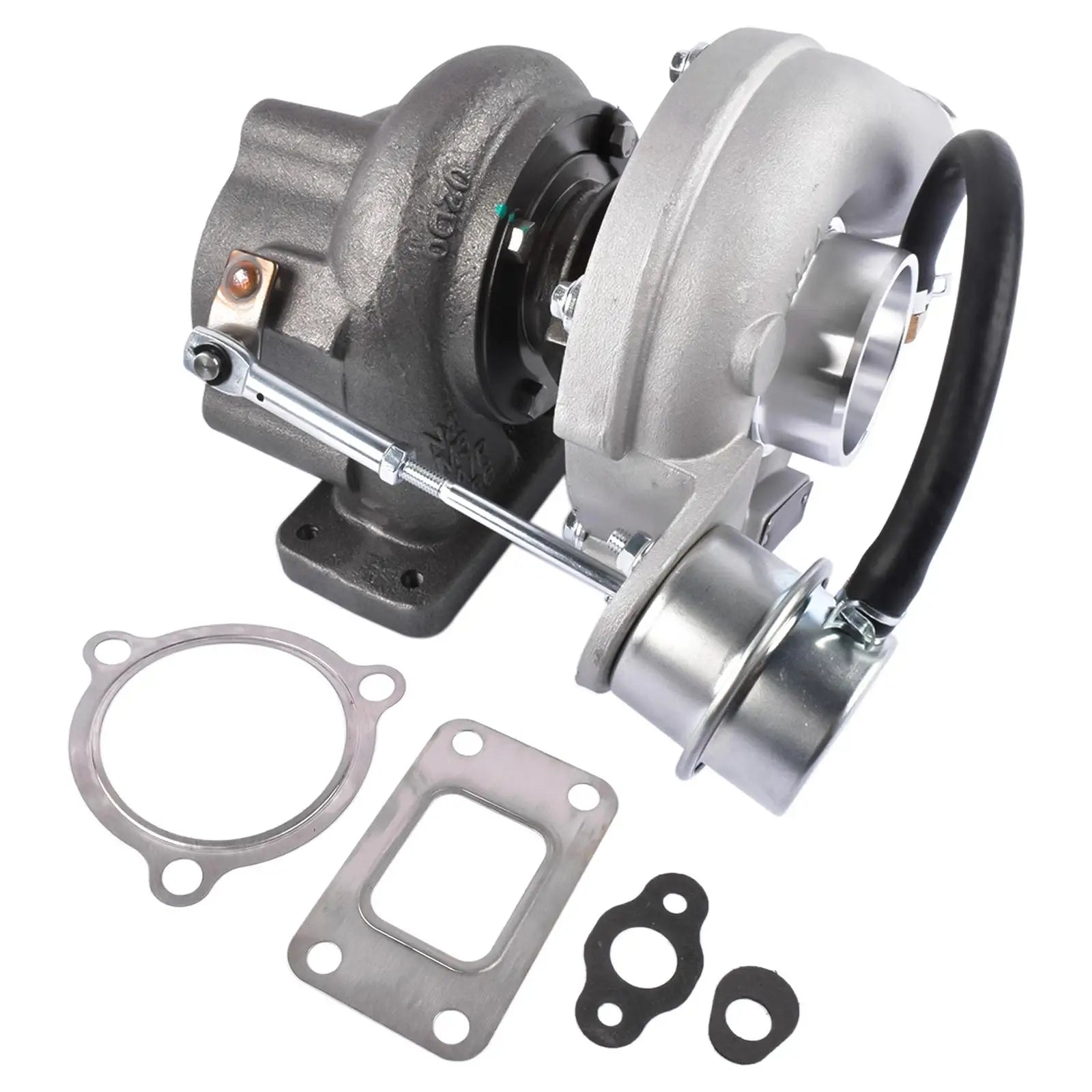 Srebrny metaliczny turboładowarka z czarnym gumowym wężem i uszczelkami do jcb backhoe loader ap01 turbo charger