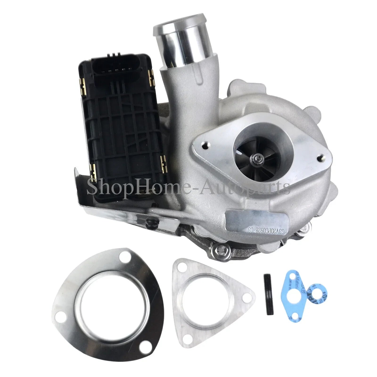 Srebrna metaliczna turbosprężarka z czarną obudową z plastiku do ford transit z kompletem uszczelek