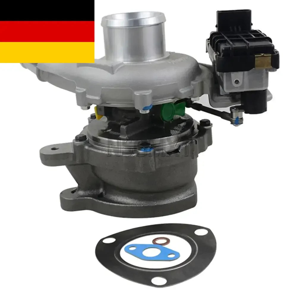 Srebrna metaliczna turbosprężarka ap03 gt1749v z czarnym modułem sterującym i uszczelką do ford transit kasten tdci rwd