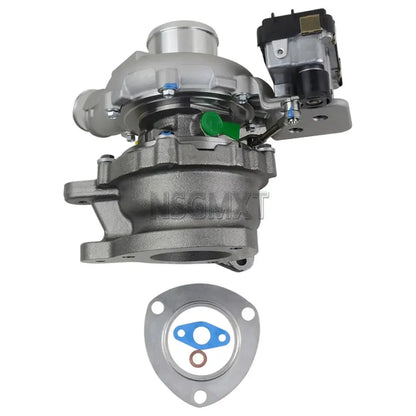Srebrna metaliczna turbosprężarka ap03 gt1749v z czarnym modułem elektronicznym i zieloną nakrętką do ford transit tdci rwd