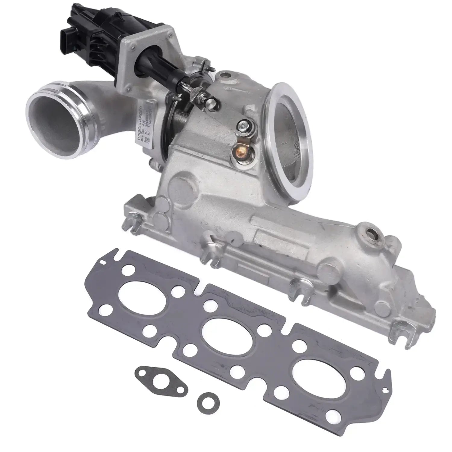 Srebrna metaliczna turbosprężarka z czarną elektroniką i uszczelkami do bmw active tourer f45 2012-2018