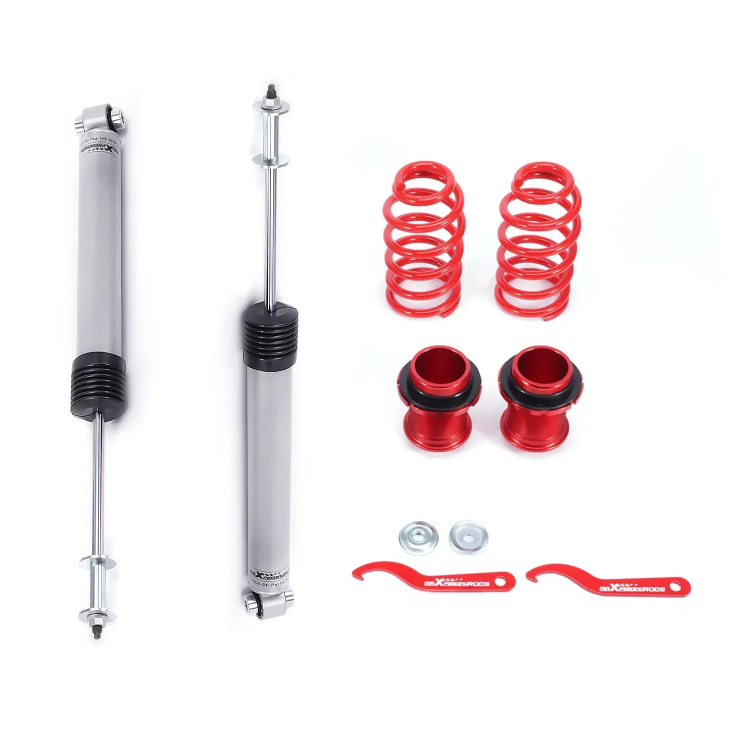 Czerwono-srebrny zestaw coiloverów tylnych do obniżenia zawieszenia volkswagen gti 2015 2021 z regulacją wysokości