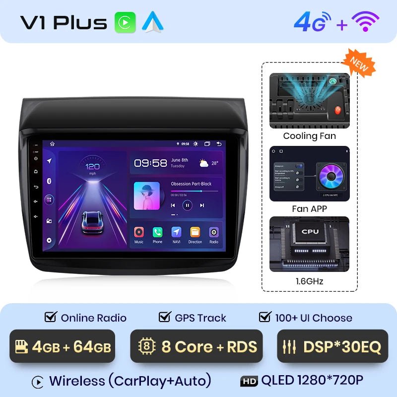 V1 Plus Radio Samochodowe do Mitsubishi Pajero Sport 2 L200 Triton 2008 - 2016 z bezprzewodowym CarPlay i Android Auto - Multigenus