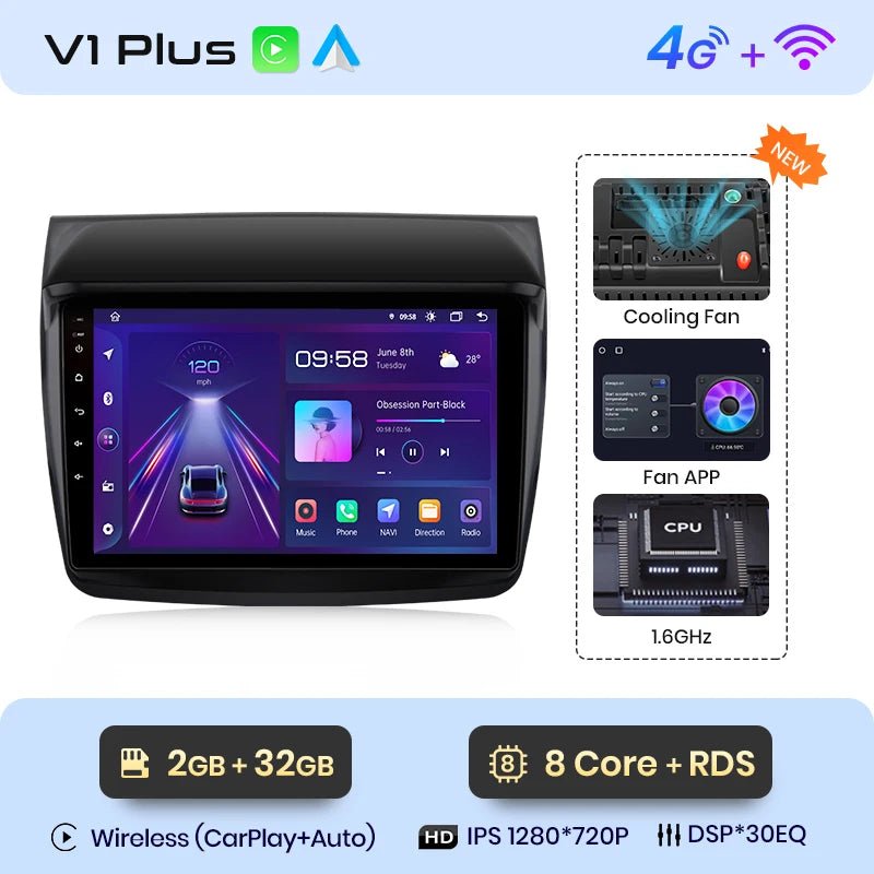 V1 Plus Radio Samochodowe do Mitsubishi Pajero Sport 2 L200 Triton 2008 - 2016 z bezprzewodowym CarPlay i Android Auto - Multigenus