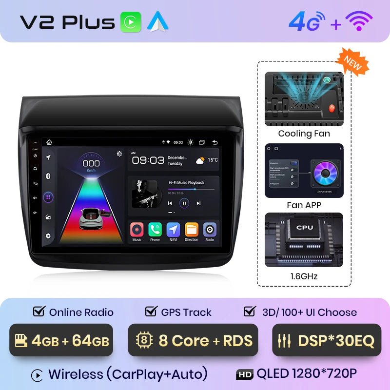 V1 Plus Radio Samochodowe do Mitsubishi Pajero Sport 2 L200 Triton 2008 - 2016 z bezprzewodowym CarPlay i Android Auto - Multigenus