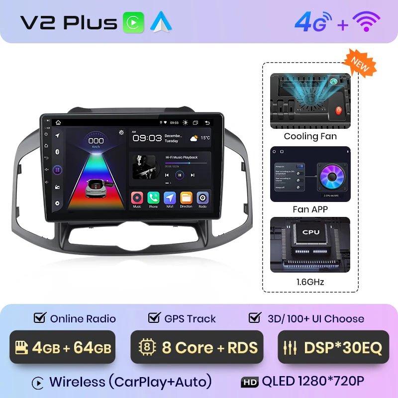 V1pro AI Voice Android Auto Radio Samochodowe dla Chevrolet Captiva 2011 - 2016 | 4G CarPlay 2DIN GPS Multimedia - Multigenus