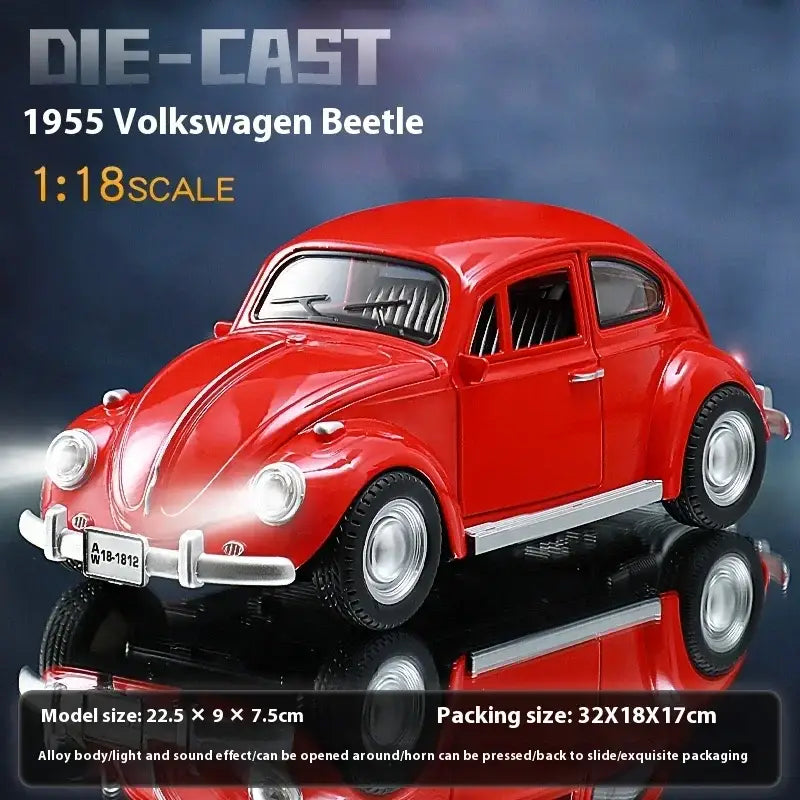 Volkswagen Beetle 1955 1:18 – Metalowy Model z Efektami Dźwiękowymi i Świetlnymi - Czerwony z pudełkiem