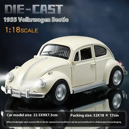 Volkswagen Beetle 1955 1:18 – Metalowy Model z Efektami Dźwiękowymi i Świetlnymi - Biały z pudełkiem