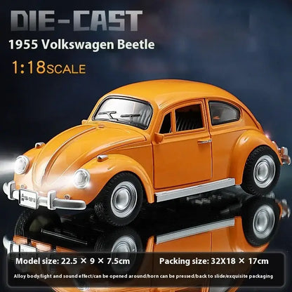 Volkswagen Beetle 1955 1:18 – Metalowy Model z Efektami Dźwiękowymi i Świetlnymi - pomarańczowy z pudełkiem