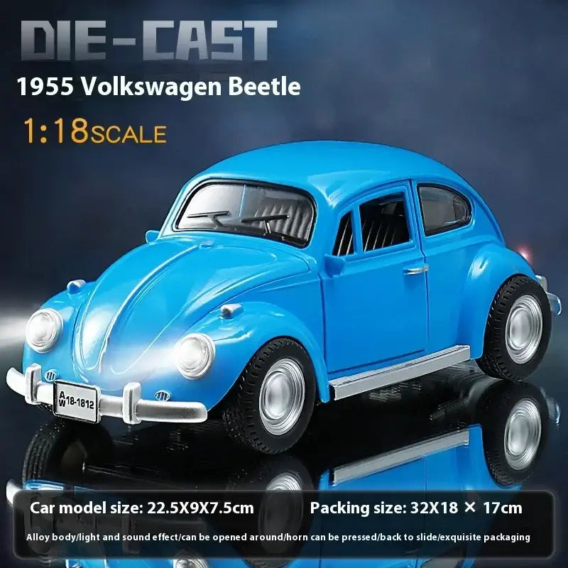 Volkswagen Beetle 1955 1:18 – Metalowy Model z Efektami Dźwiękowymi i Świetlnymi - Niebieski z pudełkiem