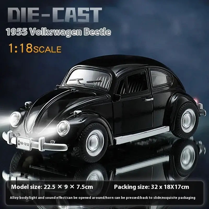 Volkswagen Beetle 1955 1:18 – Metalowy Model z Efektami Dźwiękowymi i Świetlnymi - Czarny z pudełkiem