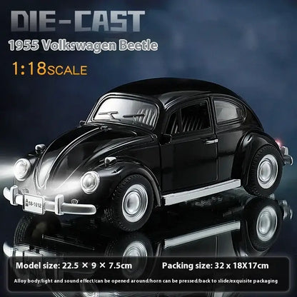 Volkswagen Beetle 1955 1:18 – Metalowy Model z Efektami Dźwiękowymi i Świetlnymi - Czarny z pudełkiem