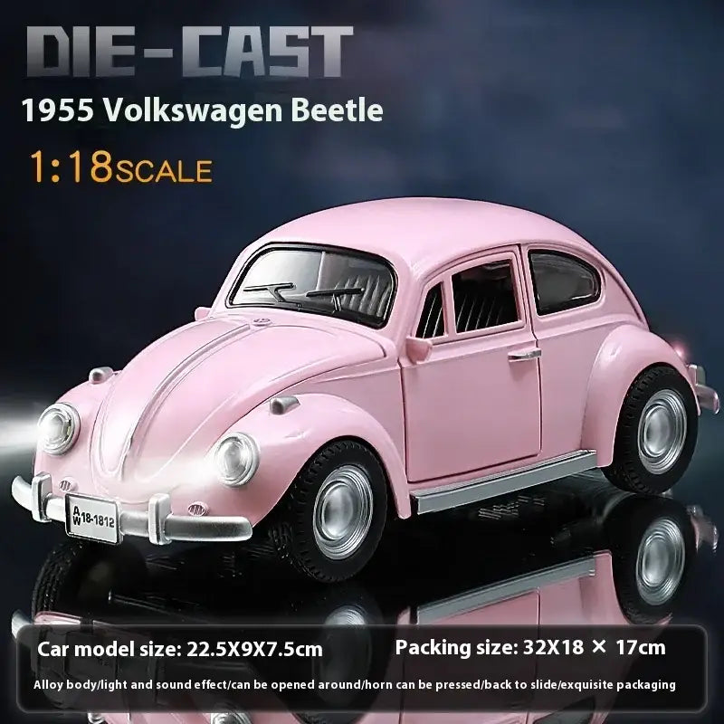 Volkswagen Beetle 1955 1:18 – Metalowy Model z Efektami Dźwiękowymi i Świetlnymi - Różowy z pudełkiem