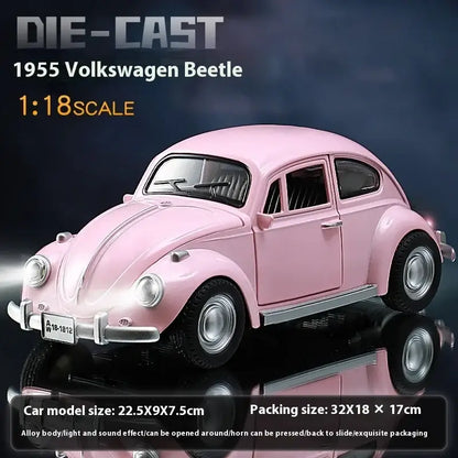 Volkswagen Beetle 1955 1:18 – Metalowy Model z Efektami Dźwiękowymi i Świetlnymi - Różowy z pudełkiem