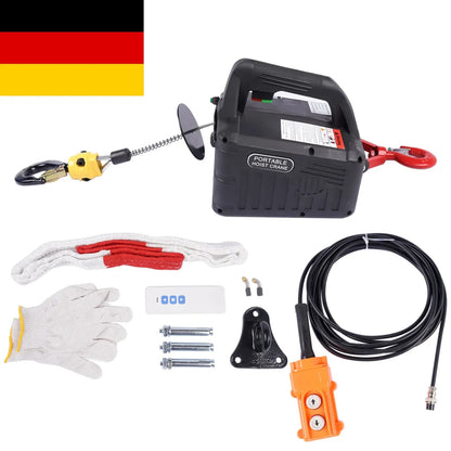 Czarna wciągarka elektryczna 220v 3w1 przenośny żuraw z czerwonym hakiem i żółtym pilotem do sterowania zdalnego