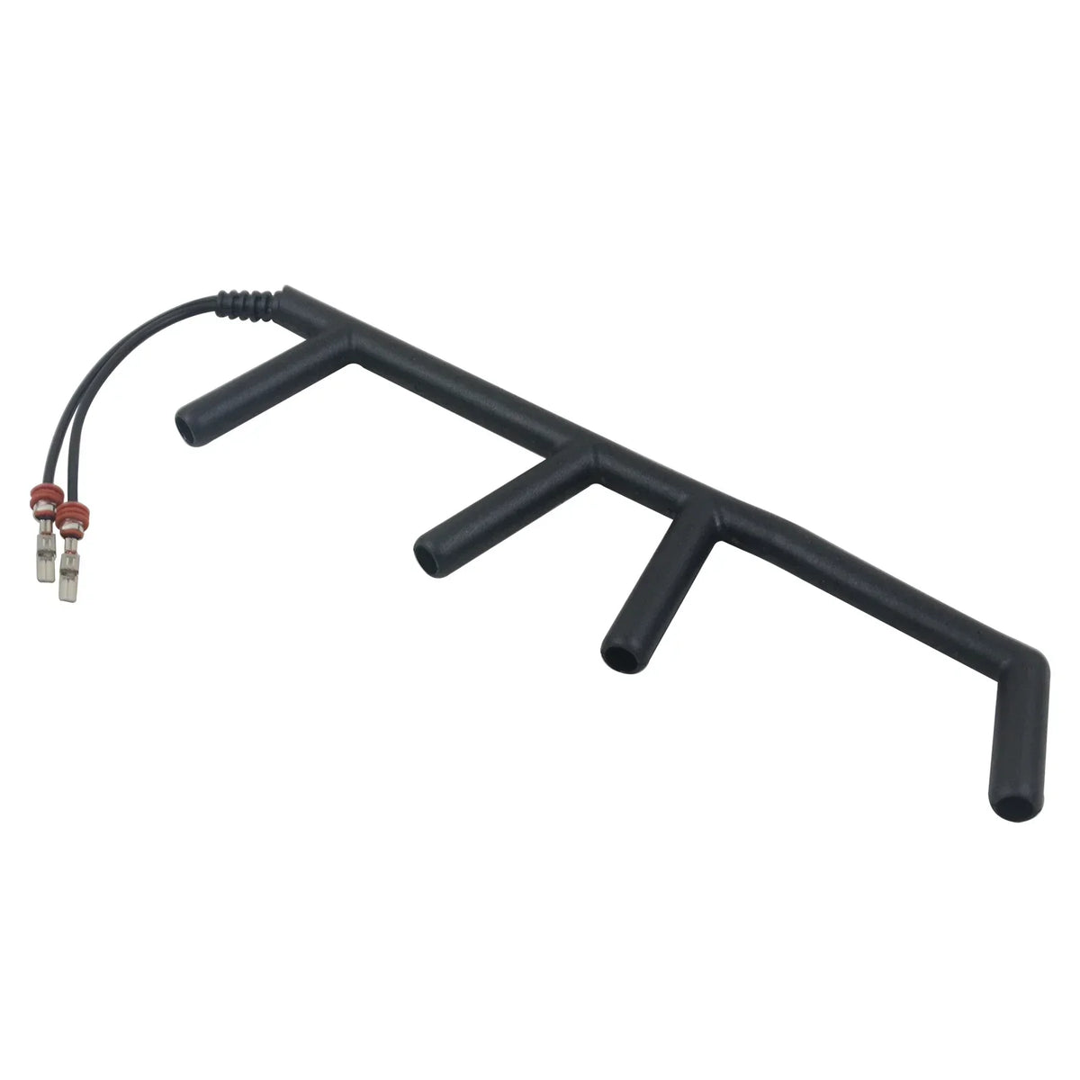 Czarna plastikowa antena z trzema cylindrycznymi ramionami i dwoma czerwonokapturowymi konektorami do wiązki elektrycznej wtryskiwaczy vw golf