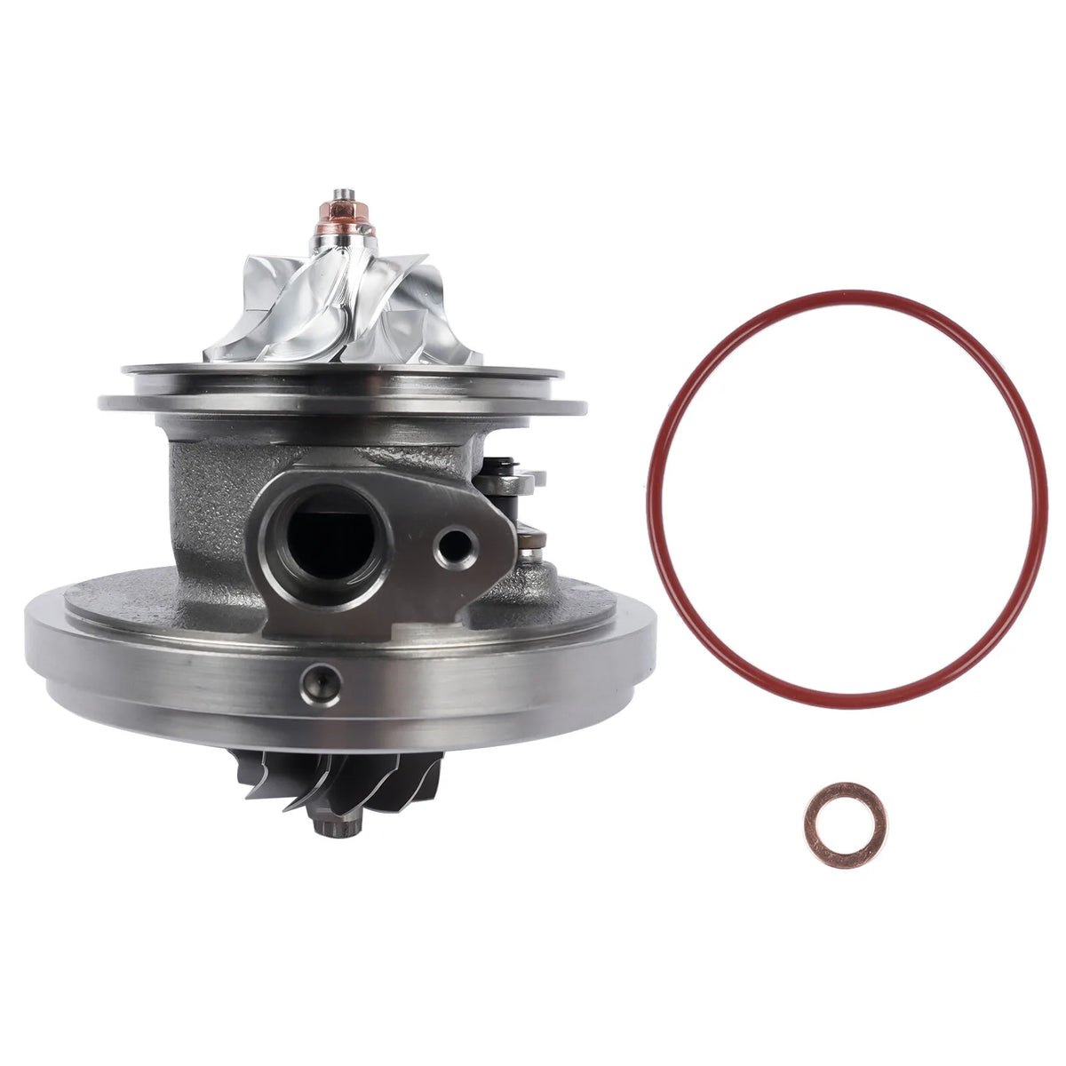 Srebrny turbocharger insert z widocznymi łopatkami turbiny, czerwoną uszczelką i miedzianą podkładką do land rover discovery td4 4x4 204dtd