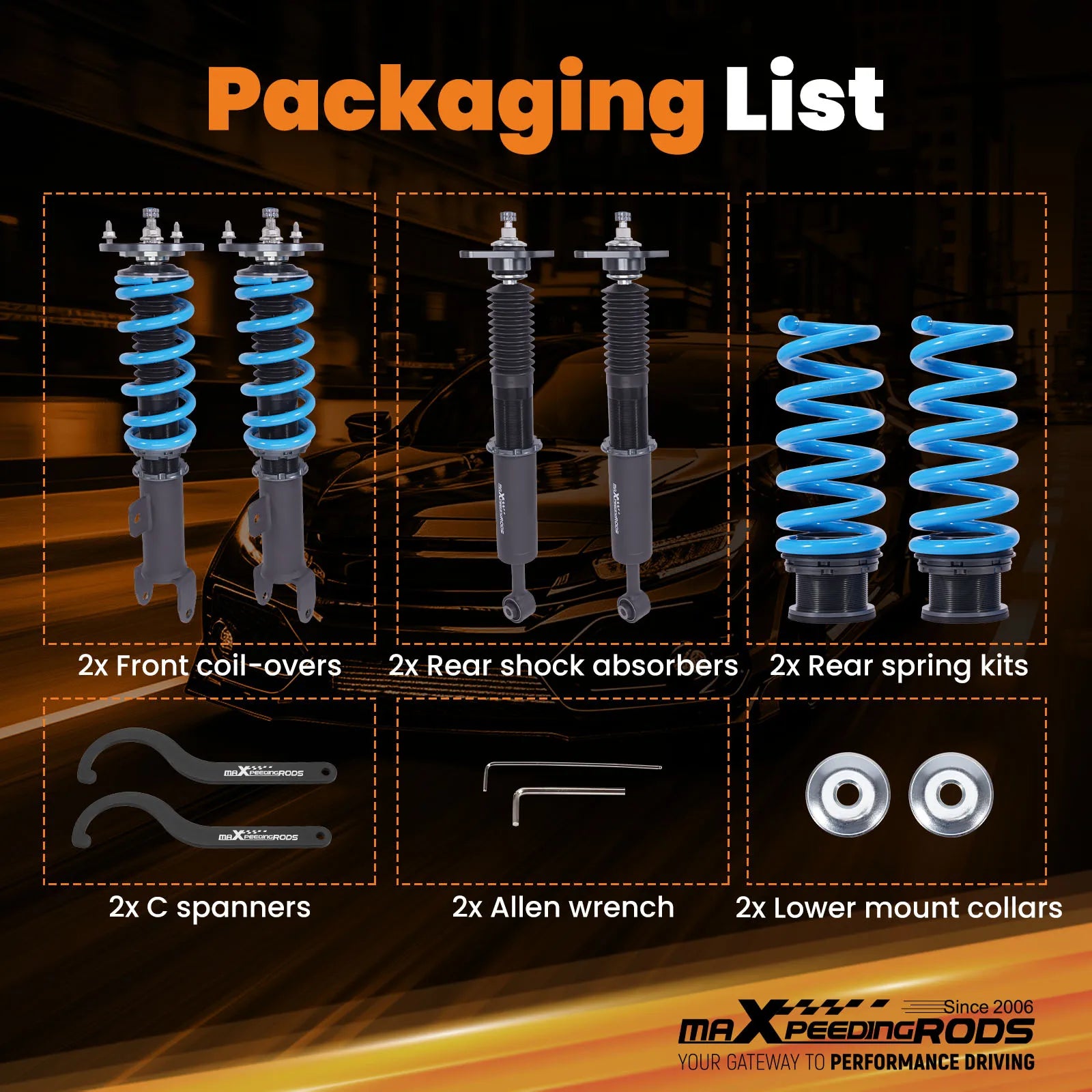 Niebieskie zestawy z zawieszeniem coilover do chrysler 300c dodge charger z czarnymi amortyzatorami i srebrnymi nakrętkami