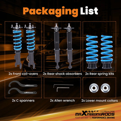Niebieskie zestawy z zawieszeniem coilover do chrysler 300c dodge charger z czarnymi amortyzatorami i srebrnymi nakrętkami