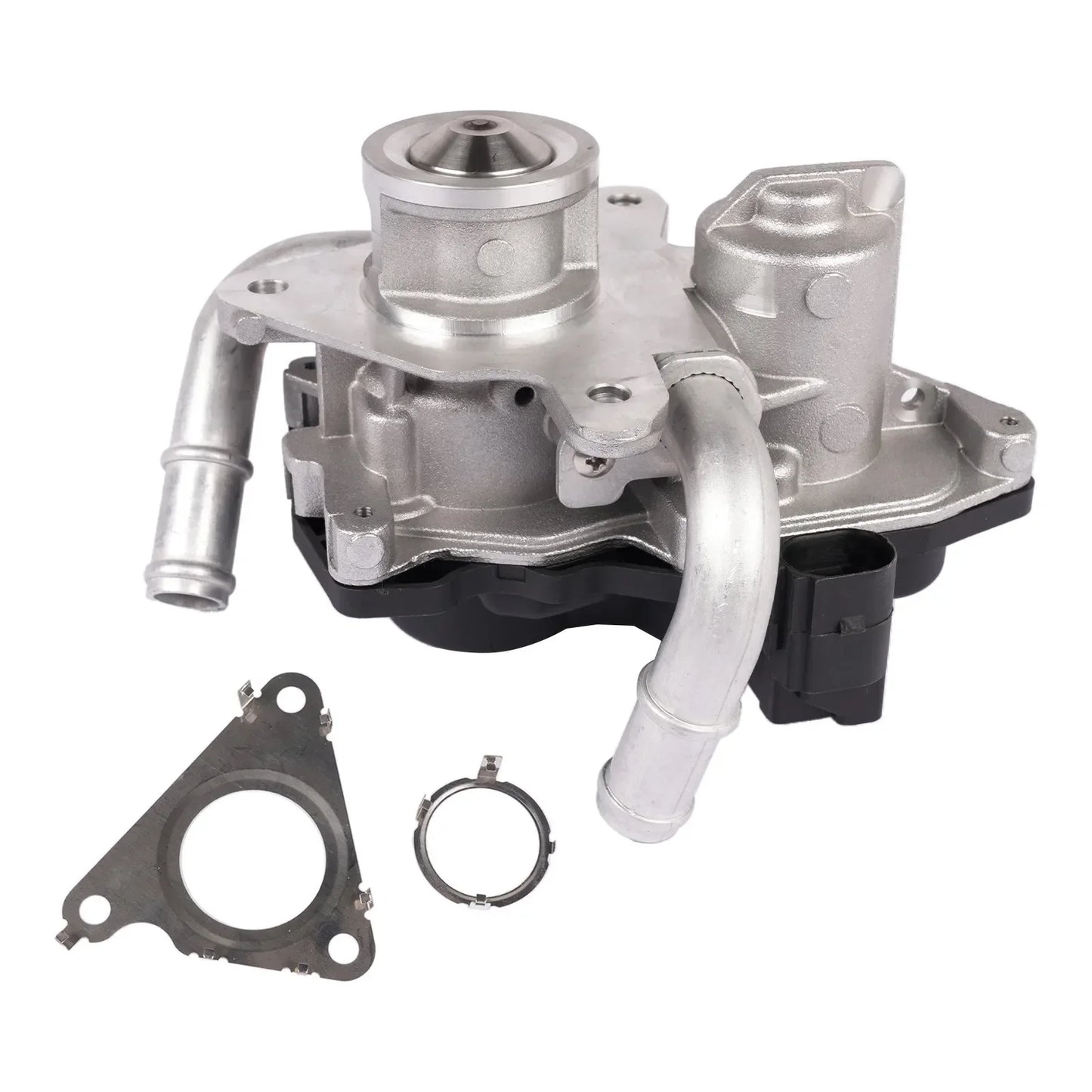 Srebrna metaliczna pompa wody silnika z czarną plastikową obudową i przewodami do zaworu egr vw 04l131501n