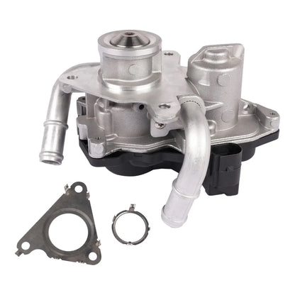 Srebrna metaliczna pompa wody silnika z czarną plastikową obudową i przewodami do zaworu egr vw 04l131501n