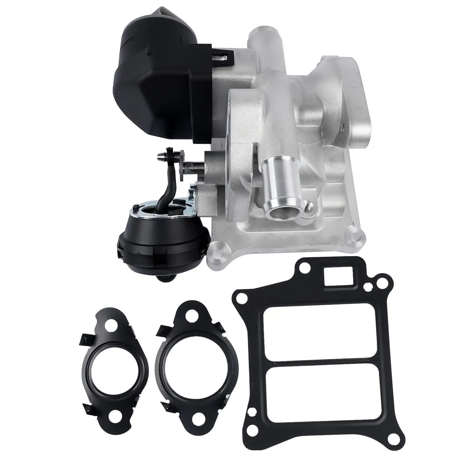 Metaliczny srebrny turboładowacz z czarnymi plastikowymi elementami i uszczelkami do volvo s60 zawór egr gas recirculation valve