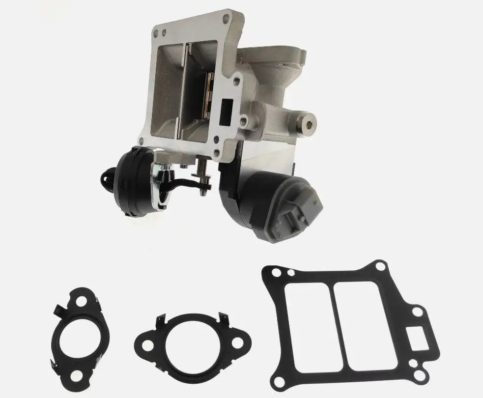 Srebrny metaliczny kolektor ssący z czarnymi gumowymi uszczelkami zaworu egr ap03 do volvo s60 i innych modeli