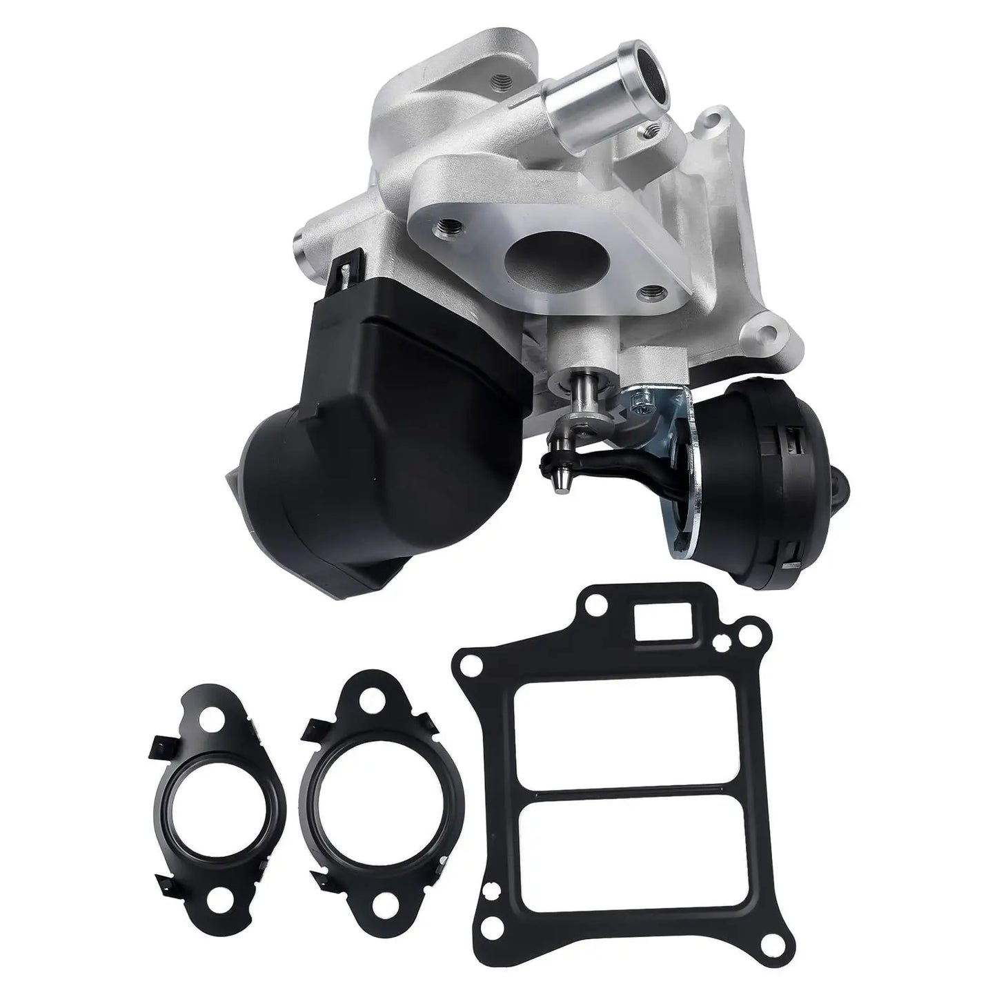 Srebrny metaliczny turboobciążnik z czarnymi plastikowymi i metalowymi elementami do zaworu egr do volvo s60 z uszczelkami
