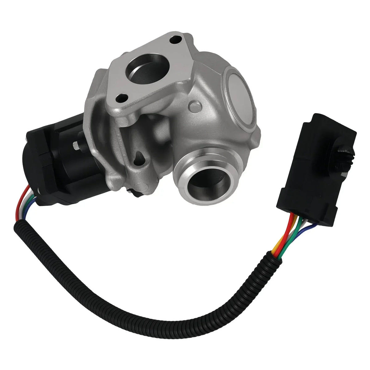 Srebrny metaliczny czujnik temperatury płynu chłodzącego z obudową z czarnego plastiku i wielokolorowym okablowaniem do zaworu egr ford fiesta 1.4 tdci
