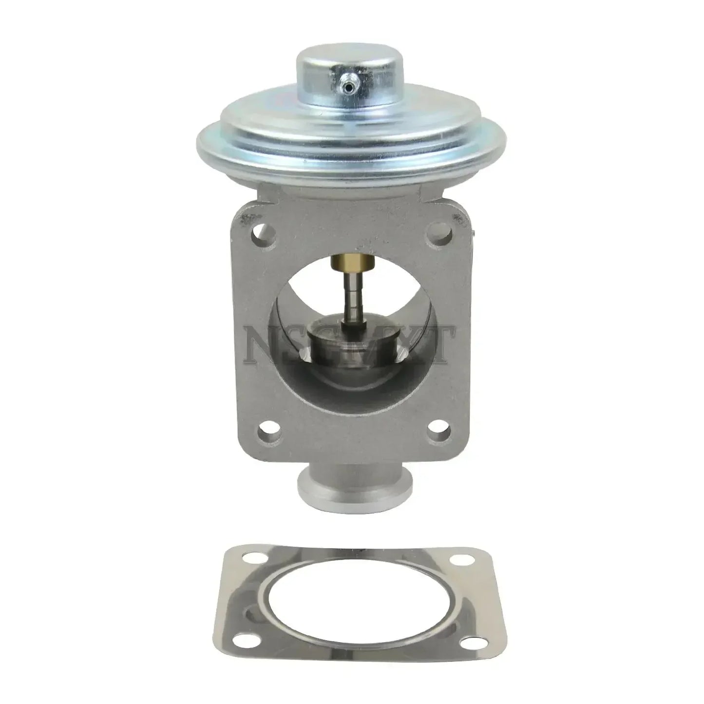 Srebrny metaliczny zawór egr ap03 z okrągłą pokrywą i kołnierzową podstawą z uszczelką do land rover freelander