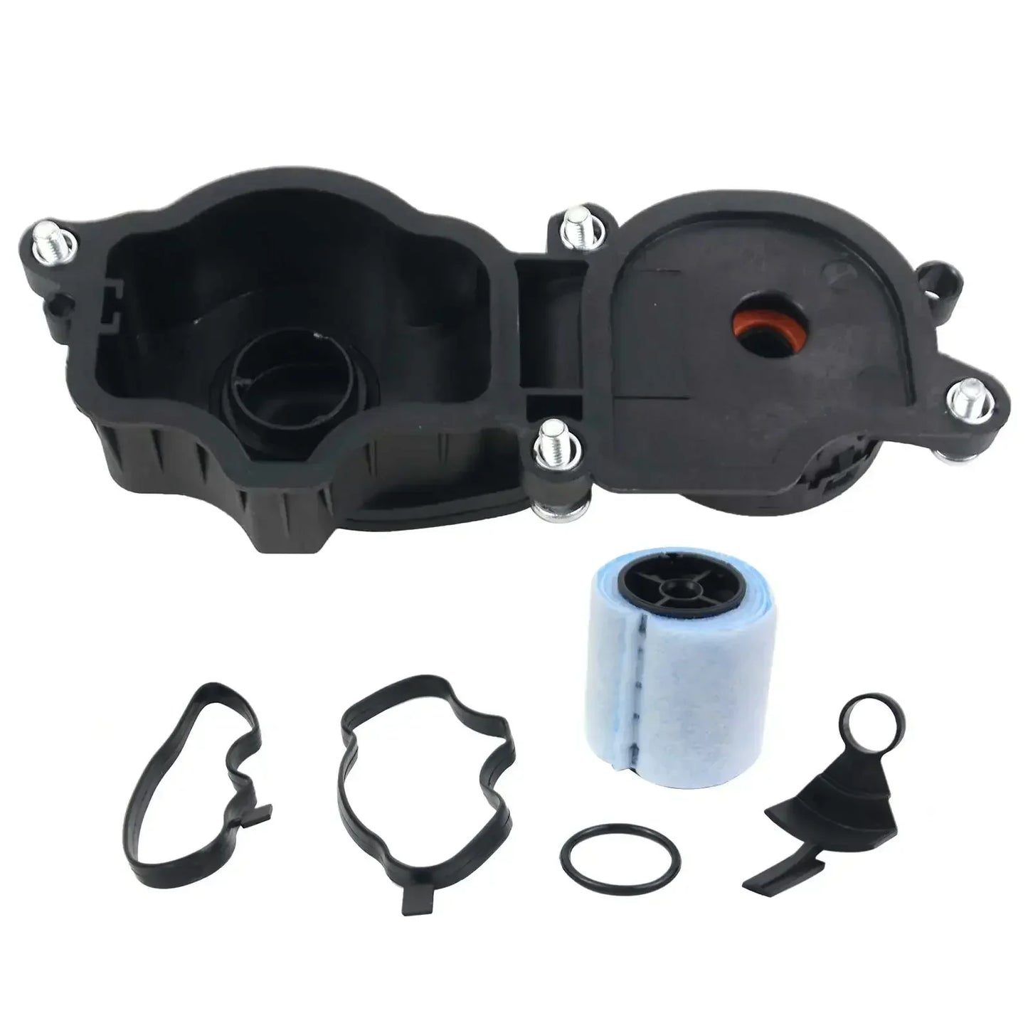 Czarna plastikowa obudowa zaworu odmy silnika z srebrnymi śrubami i niebieskim filtrem do bmw e90 e60 e46 e87 320d 530d x5 e53