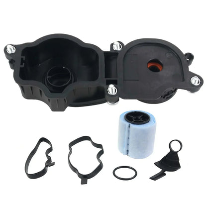 Czarna plastikowa obudowa zaworu odmy silnika z srebrnymi śrubami i niebieskim filtrem do bmw e90 e60 e46 e87 320d 530d x5 e53