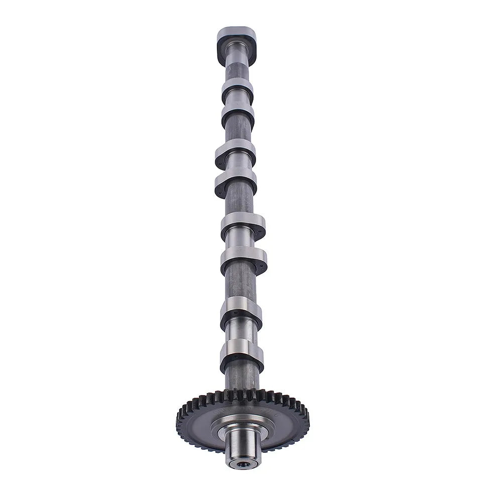 Gray metallic camshaft with evenly spaced lobes and toothed gear for passat jetta gti 06h109022bb