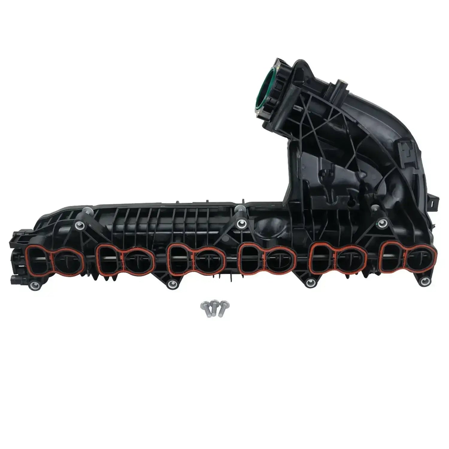 Czarny plastikowy kolektor dolotowy z czerwonymi uszczelkami gumowymi i srebrnymi śrubami do bmw n57 d30 530d 535d